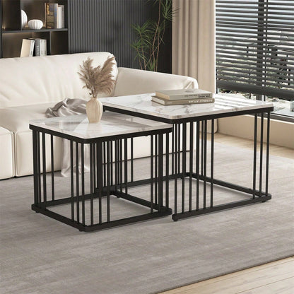 Stilvolles 2-teiliges Couchtisch-Set, quadratische Tische in 60*60*45cm & 45*45*40cm, hochglänzende Marmoroptik, höhenverstellbare Füße, bis 30kg belastbar,Hochglanz-Kombi-Couchtisch