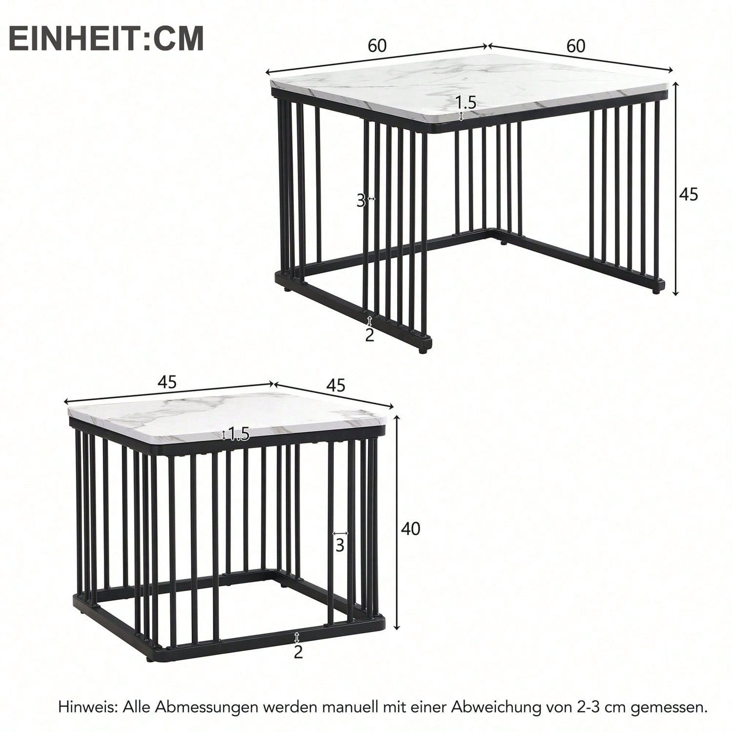 Stilvolles 2-teiliges Couchtisch-Set, quadratische Tische in 60*60*45cm & 45*45*40cm, hochglänzende Marmoroptik, höhenverstellbare Füße, bis 30kg belastbar,Hochglanz-Kombi-Couchtisch