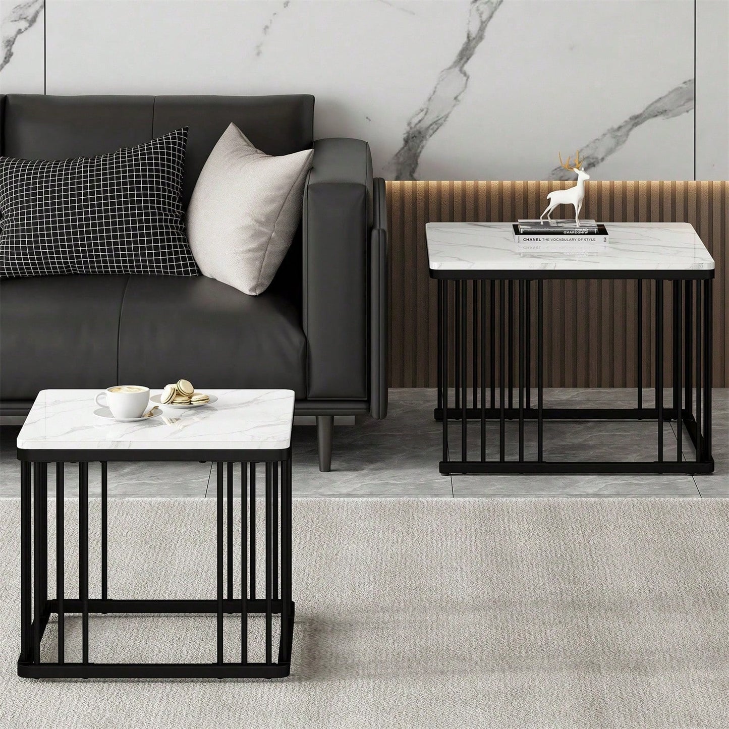 Stilvolles 2-teiliges Couchtisch-Set, quadratische Tische in 60*60*45cm & 45*45*40cm, hochglänzende Marmoroptik, höhenverstellbare Füße, bis 30kg belastbar,Hochglanz-Kombi-Couchtisch