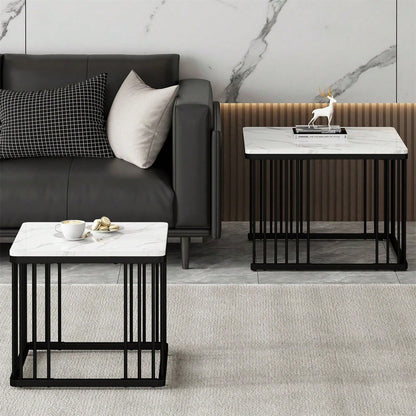 Stilvolles 2-teiliges Couchtisch-Set, quadratische Tische in 60*60*45cm & 45*45*40cm, hochglänzende Marmoroptik, höhenverstellbare Füße, bis 30kg belastbar,Hochglanz-Kombi-Couchtisch
