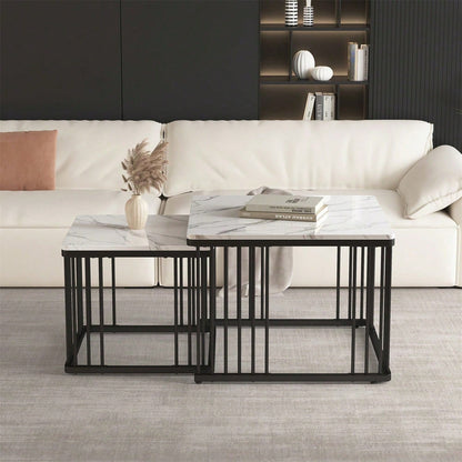 Stilvolles 2-teiliges Couchtisch-Set, quadratische Tische in 60*60*45cm & 45*45*40cm, hochglänzende Marmoroptik, höhenverstellbare Füße, bis 30kg belastbar,Hochglanz-Kombi-Couchtisch