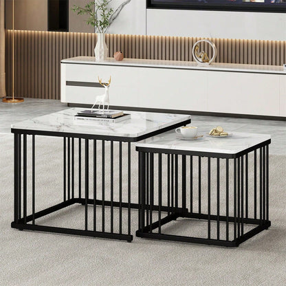 Stilvolles 2-teiliges Couchtisch-Set, quadratische Tische in 60*60*45cm & 45*45*40cm, hochglänzende Marmoroptik, höhenverstellbare Füße, bis 30kg belastbar,Hochglanz-Kombi-Couchtisch