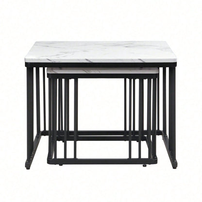 Stilvolles 2-teiliges Couchtisch-Set, quadratische Tische in 60*60*45cm & 45*45*40cm, hochglänzende Marmoroptik, höhenverstellbare Füße, bis 30kg belastbar,Hochglanz-Kombi-Couchtisch