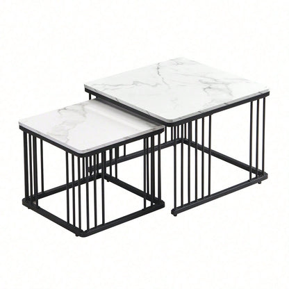 Stilvolles 2-teiliges Couchtisch-Set, quadratische Tische in 60*60*45cm & 45*45*40cm, hochglänzende Marmoroptik, höhenverstellbare Füße, bis 30kg belastbar,Hochglanz-Kombi-Couchtisch