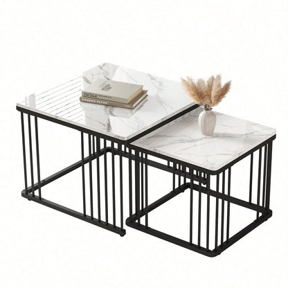 Stilvolles 2-teiliges Couchtisch-Set, quadratische Tische in 60*60*45cm & 45*45*40cm, hochglänzende Marmoroptik, höhenverstellbare Füße, bis 30kg belastbar,Hochglanz-Kombi-Couchtisch