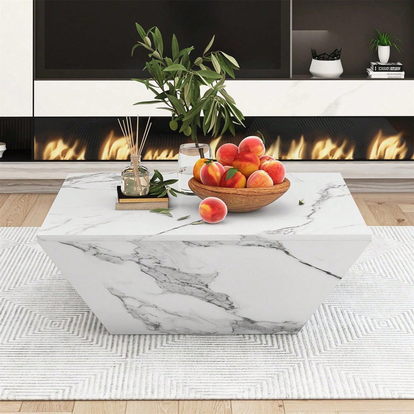 Moderner Trommel Couchtisch, Trapezförmiger weißer Marmorfurnier Couchtisch, Wohnzimmertisch 70*70*37cm
