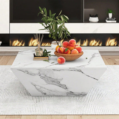 Moderner Trommel Couchtisch, Trapezförmiger weißer Marmorfurnier Couchtisch, Wohnzimmertisch 70*70*37cm