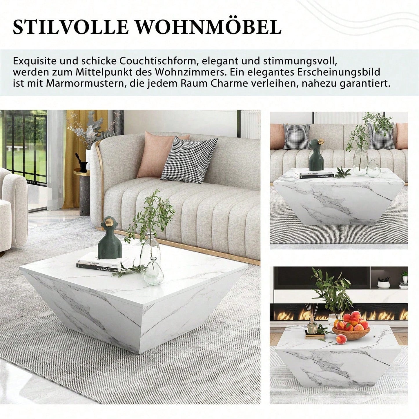 Moderner Trommel Couchtisch, Trapezförmiger weißer Marmorfurnier Couchtisch, Wohnzimmertisch 70*70*37cm