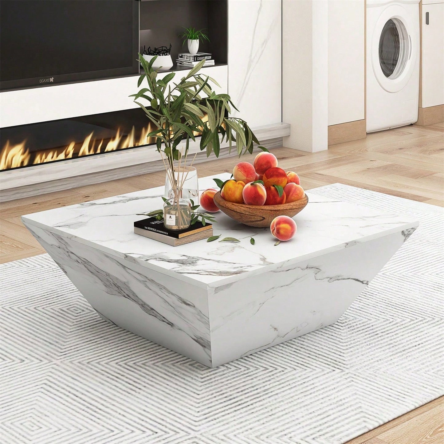 Moderner Trommel Couchtisch, Trapezförmiger weißer Marmorfurnier Couchtisch, Wohnzimmertisch 70*70*37cm