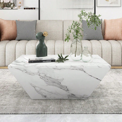 Moderner Trommel Couchtisch, Trapezförmiger weißer Marmorfurnier Couchtisch, Wohnzimmertisch 70*70*37cm