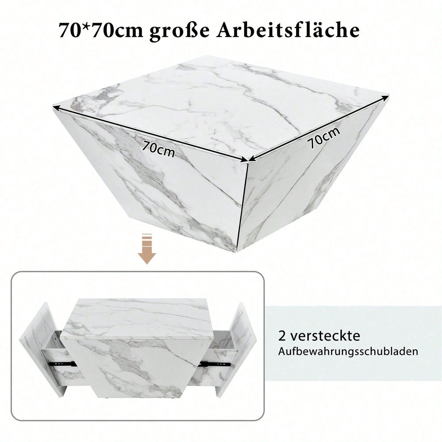 Moderner Trommel Couchtisch, Trapezförmiger weißer Marmorfurnier Couchtisch, Wohnzimmertisch 70*70*37cm
