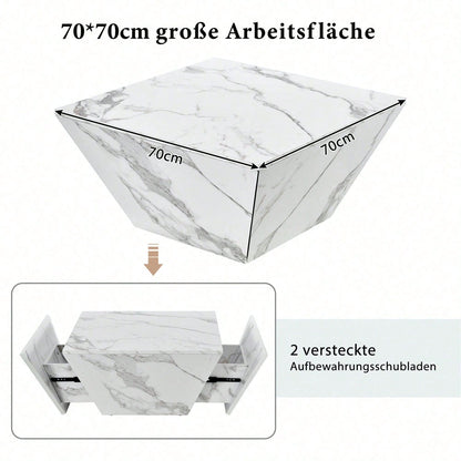 Moderner Trommel Couchtisch, Trapezförmiger weißer Marmorfurnier Couchtisch, Wohnzimmertisch 70*70*37cm
