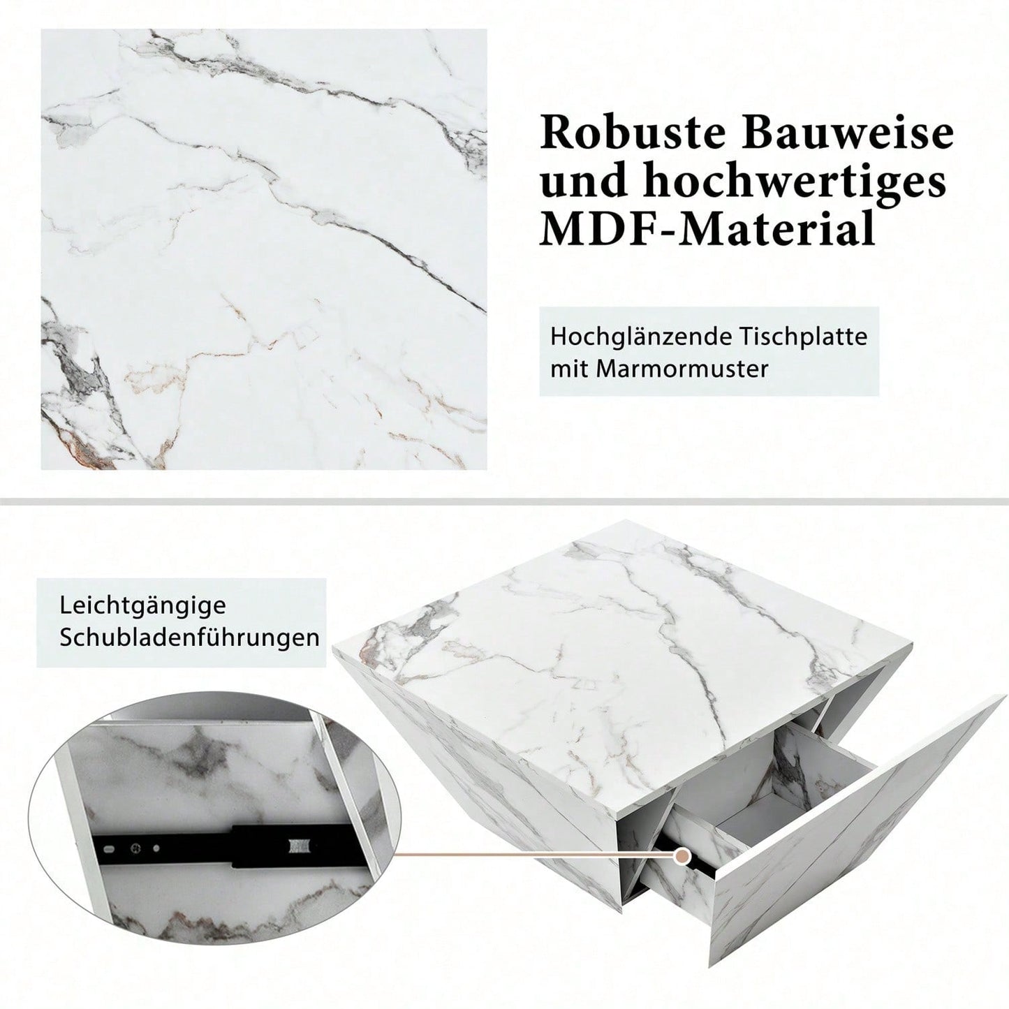 Moderner Trommel Couchtisch, Trapezförmiger weißer Marmorfurnier Couchtisch, Wohnzimmertisch 70*70*37cm