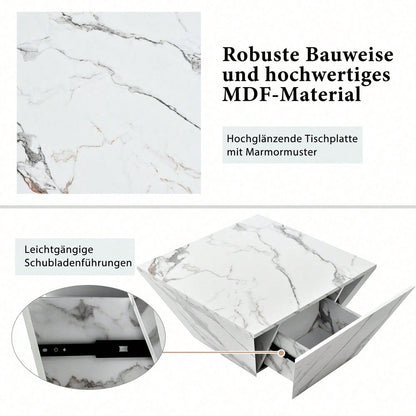 Moderner Trommel Couchtisch, Trapezförmiger weißer Marmorfurnier Couchtisch, Wohnzimmertisch 70*70*37cm