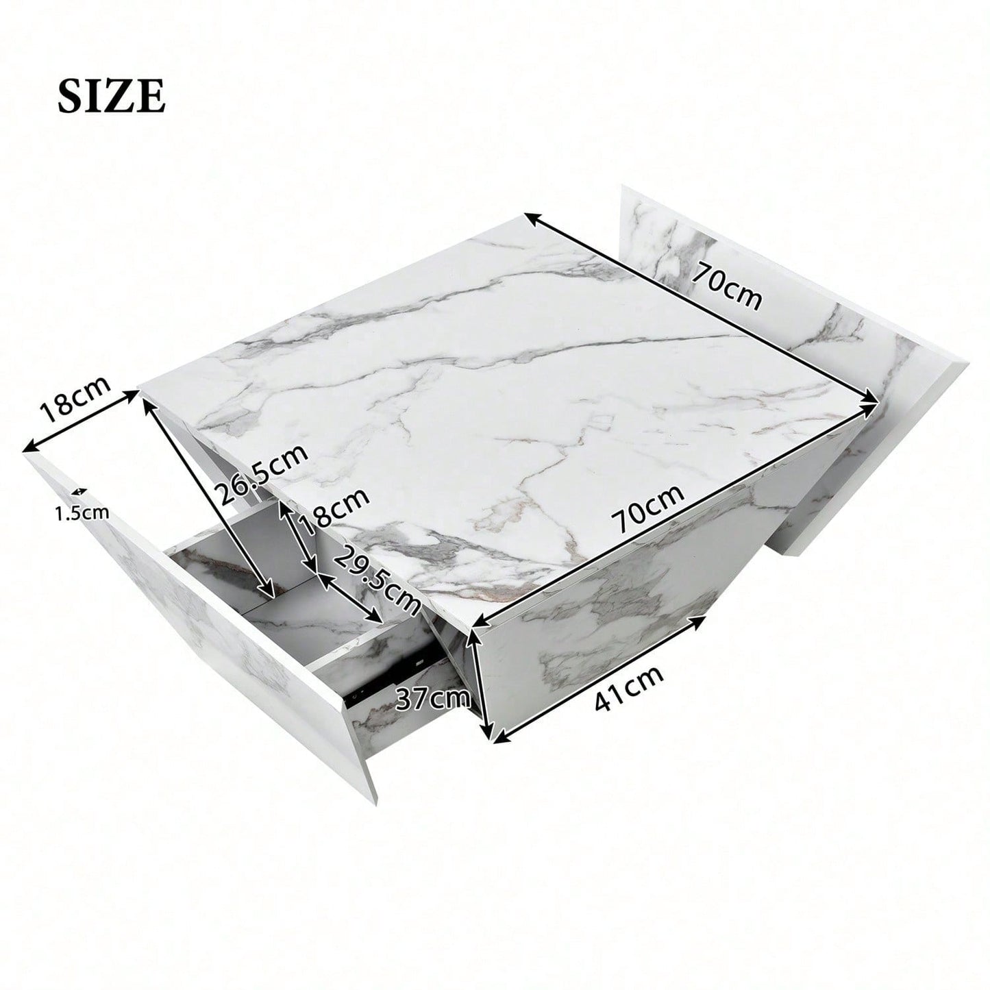 Moderner Trommel Couchtisch, Trapezförmiger weißer Marmorfurnier Couchtisch, Wohnzimmertisch 70*70*37cm