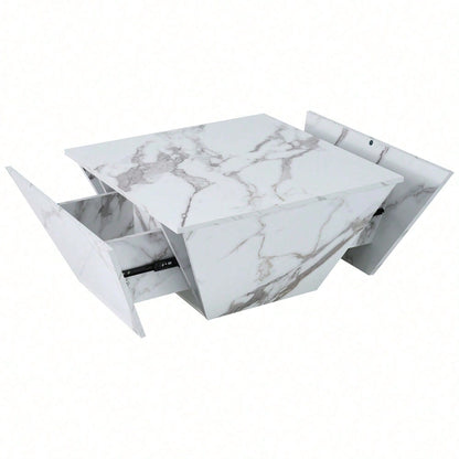 Moderner Trommel Couchtisch, Trapezförmiger weißer Marmorfurnier Couchtisch, Wohnzimmertisch 70*70*37cm