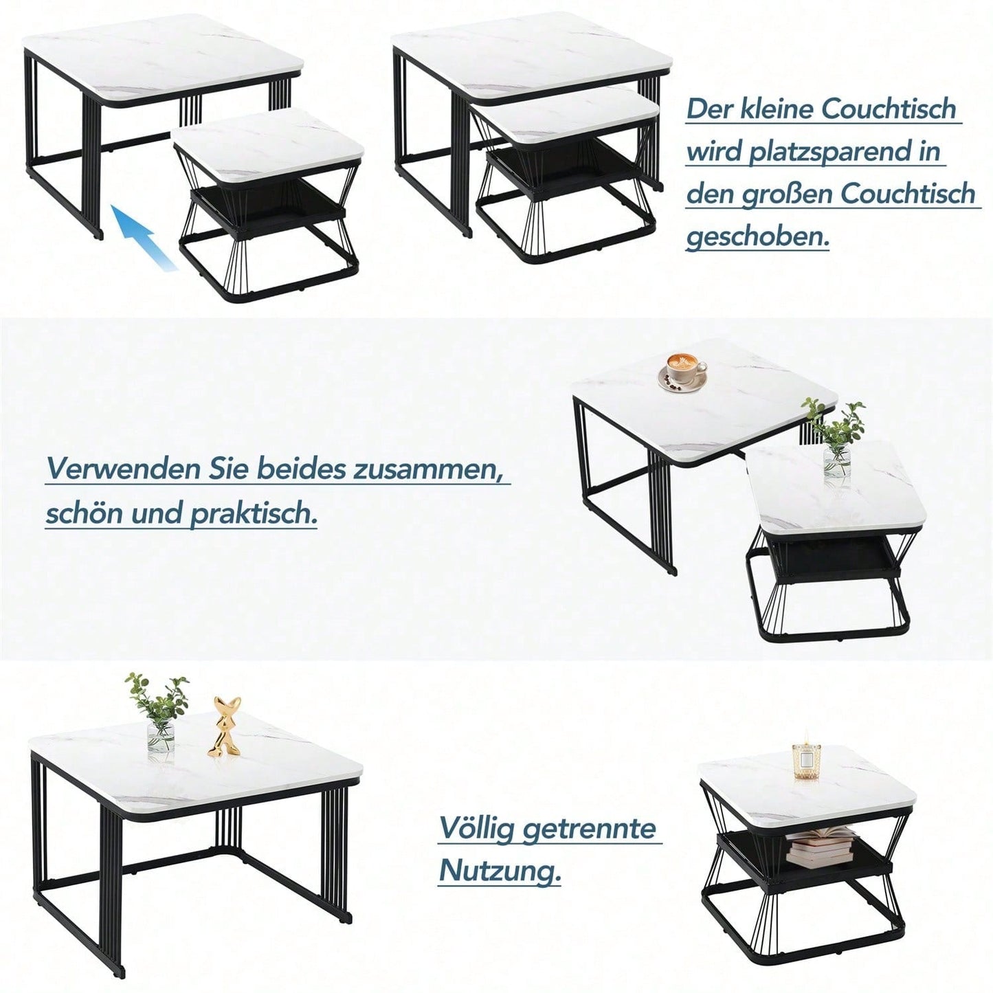 2er-Set moderne Beistelltische, MDF in Marmoroptik, Stahlrohr weiß hochglänzend schwarz, 2 Tische mit den Maßen 65x65x45 cm und 45x45x39,5 cm