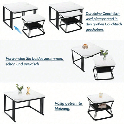 2er-Set moderne Beistelltische, MDF in Marmoroptik, Stahlrohr weiß hochglänzend schwarz, 2 Tische mit den Maßen 65x65x45 cm und 45x45x39,5 cm