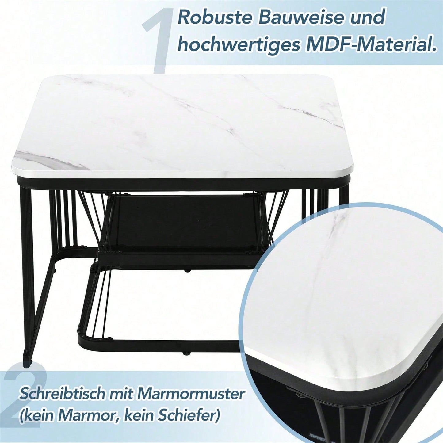 2er-Set moderne Beistelltische, MDF in Marmoroptik, Stahlrohr weiß hochglänzend schwarz, 2 Tische mit den Maßen 65x65x45 cm und 45x45x39,5 cm