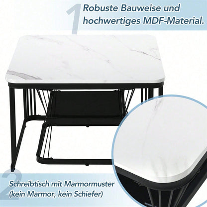 2er-Set moderne Beistelltische, MDF in Marmoroptik, Stahlrohr weiß hochglänzend schwarz, 2 Tische mit den Maßen 65x65x45 cm und 45x45x39,5 cm