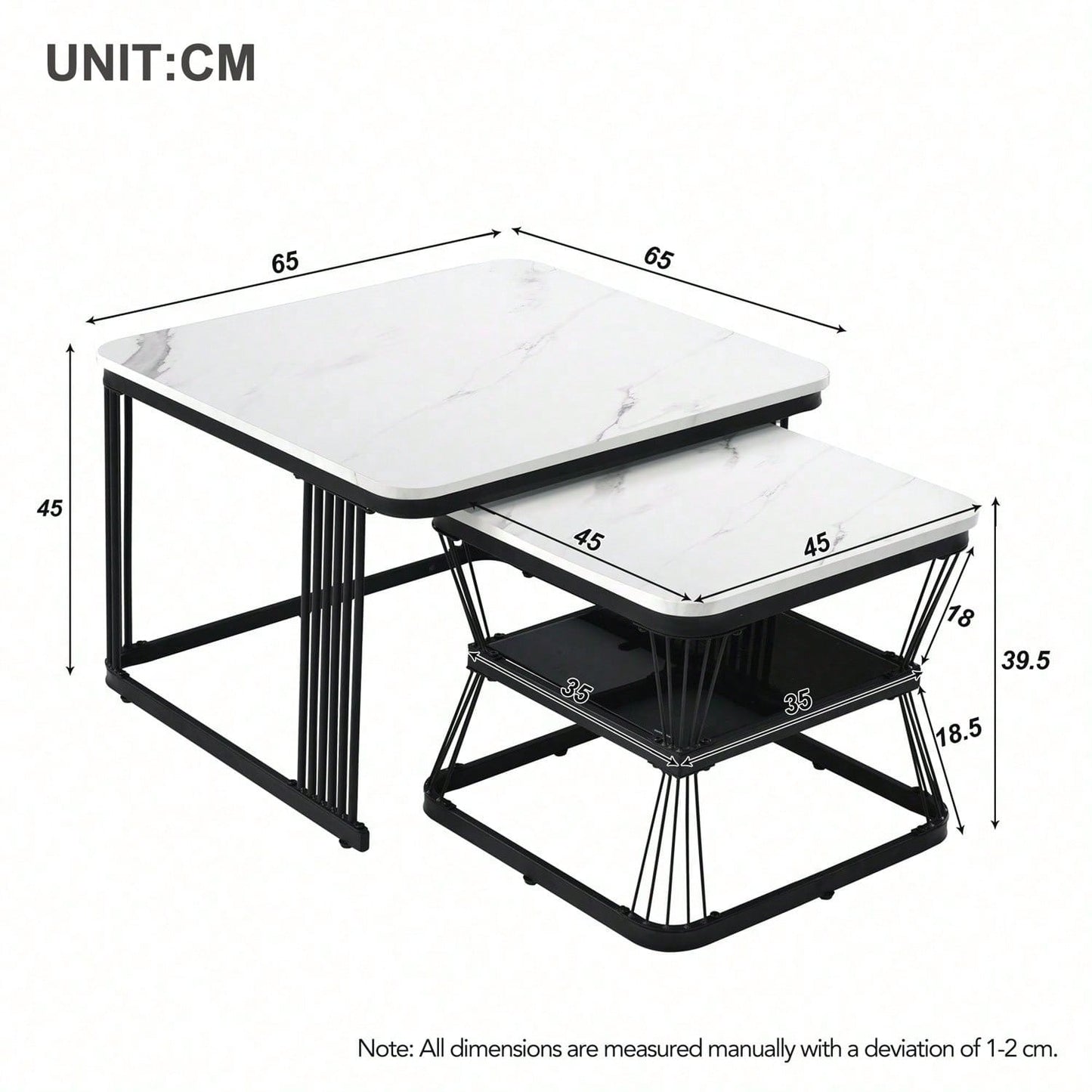 2er-Set moderne Beistelltische, MDF in Marmoroptik, Stahlrohr weiß hochglänzend schwarz, 2 Tische mit den Maßen 65x65x45 cm und 45x45x39,5 cm
