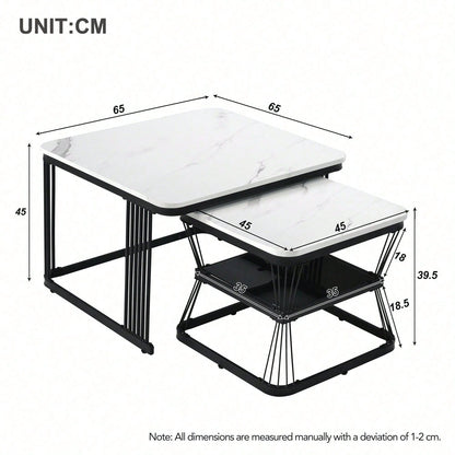 2er-Set moderne Beistelltische, MDF in Marmoroptik, Stahlrohr weiß hochglänzend schwarz, 2 Tische mit den Maßen 65x65x45 cm und 45x45x39,5 cm