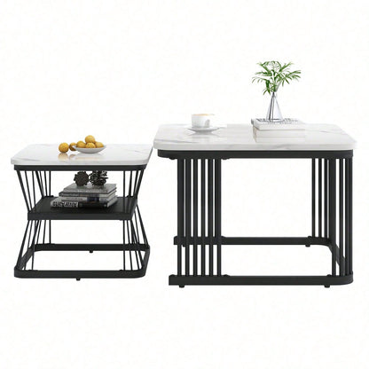 2er-Set moderne Beistelltische, MDF in Marmoroptik, Stahlrohr weiß hochglänzend schwarz, 2 Tische mit den Maßen 65x65x45 cm und 45x45x39,5 cm