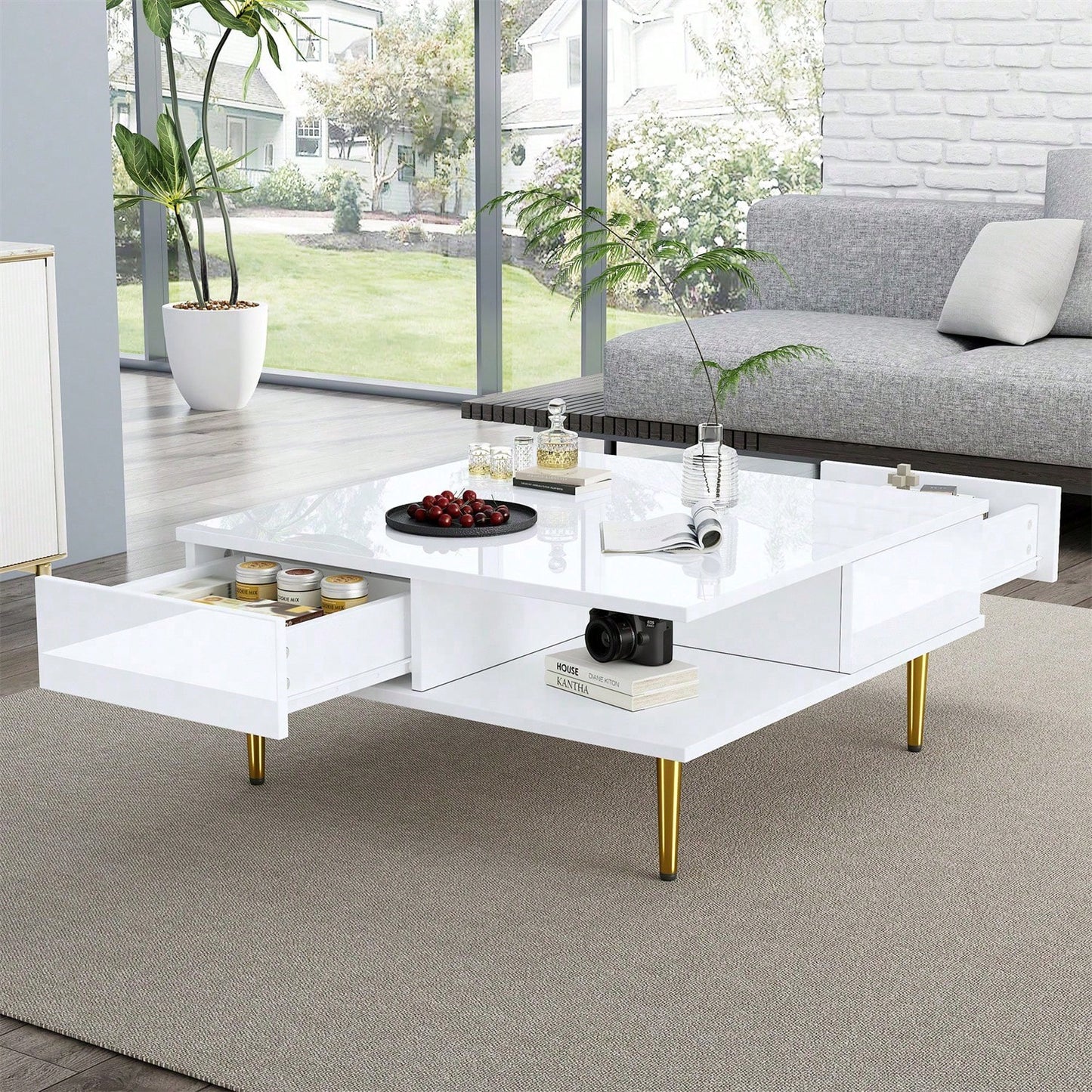 Quadratischer Couchtisch in Hochglanz Weiß mit zwei Schubladen, zwei offenen Fächern und goldfarbenen Beinen – 70 x 70 x 36 cm – Belastbar bis 30 kg