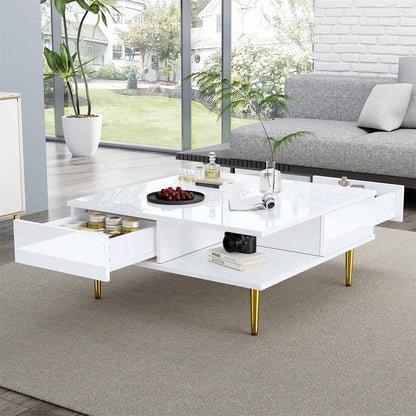 Quadratischer Couchtisch in Hochglanz Weiß mit zwei Schubladen, zwei offenen Fächern und goldfarbenen Beinen – 70 x 70 x 36 cm – Belastbar bis 30 kg