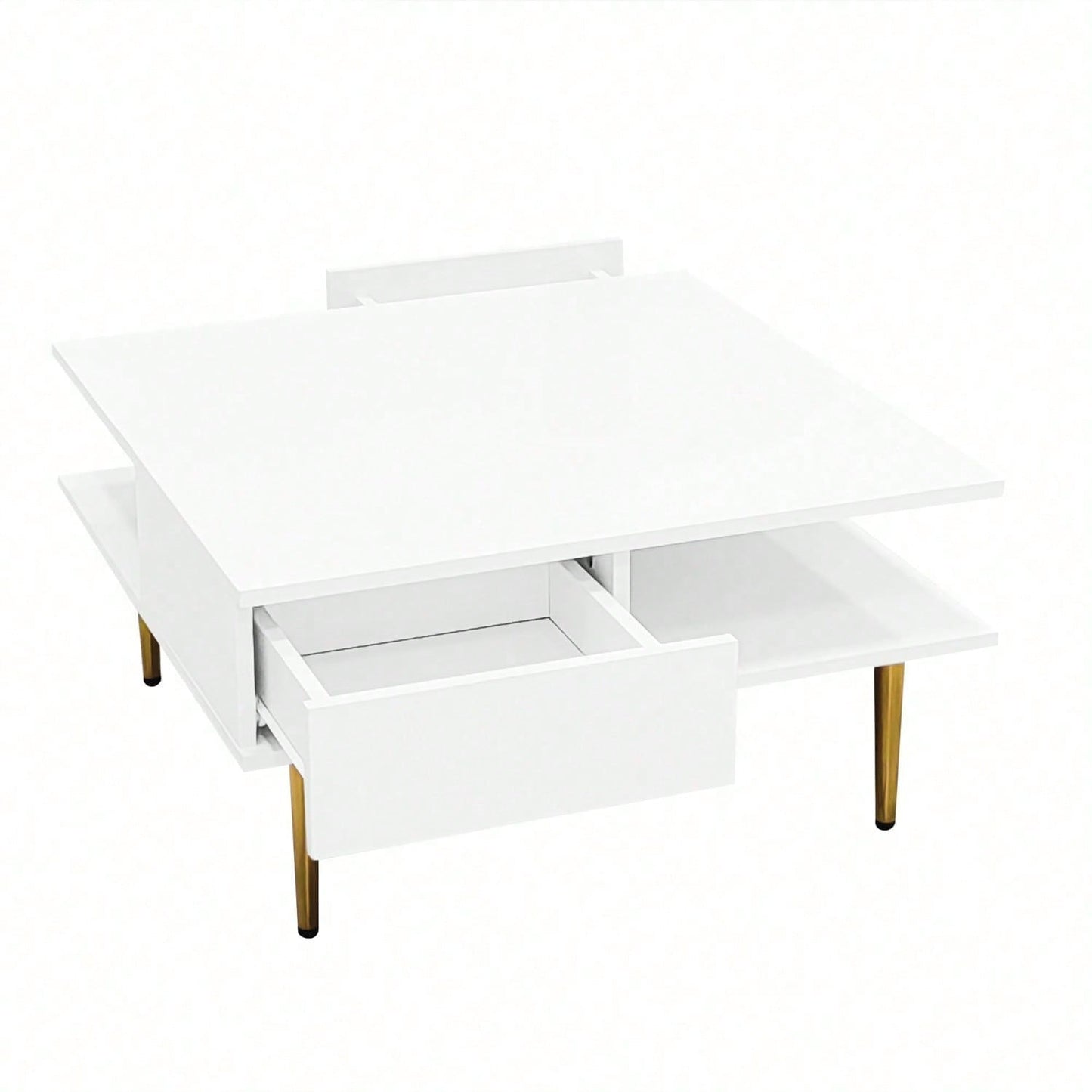 Quadratischer Couchtisch in Hochglanz Weiß mit zwei Schubladen, zwei offenen Fächern und goldfarbenen Beinen – 70 x 70 x 36 cm – Belastbar bis 30 kg