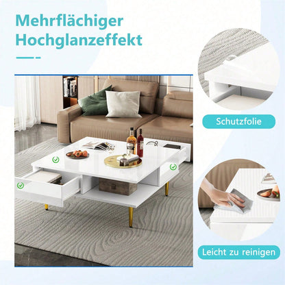 Quadratischer Couchtisch in Hochglanz Weiß mit zwei Schubladen, zwei offenen Fächern und goldfarbenen Beinen – 70 x 70 x 36 cm – Belastbar bis 30 kg