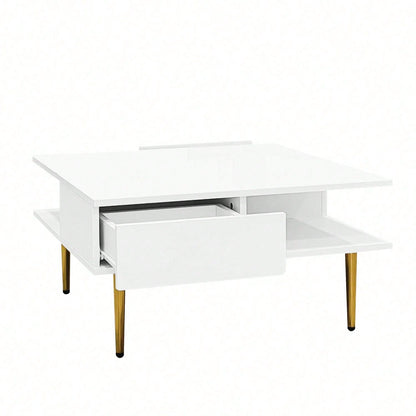 Quadratischer Couchtisch in Hochglanz Weiß mit zwei Schubladen, zwei offenen Fächern und goldfarbenen Beinen – 70 x 70 x 36 cm – Belastbar bis 30 kg
