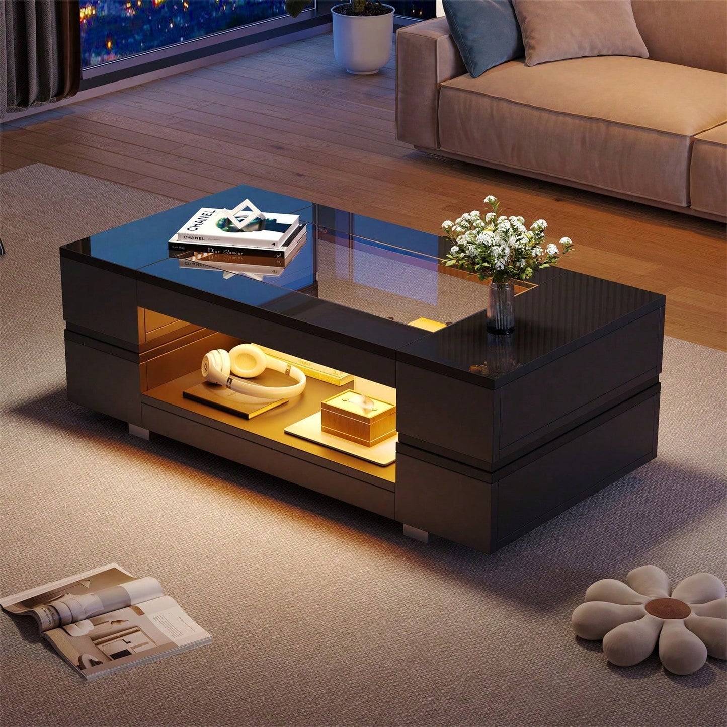Weißer LED-Couchtisch mit Bluetooth-App-Steuerung, Kaffeetisch, Sofatisch, Wohnzimmertisch, geeignet für Party, Büro, Wohnzimmer