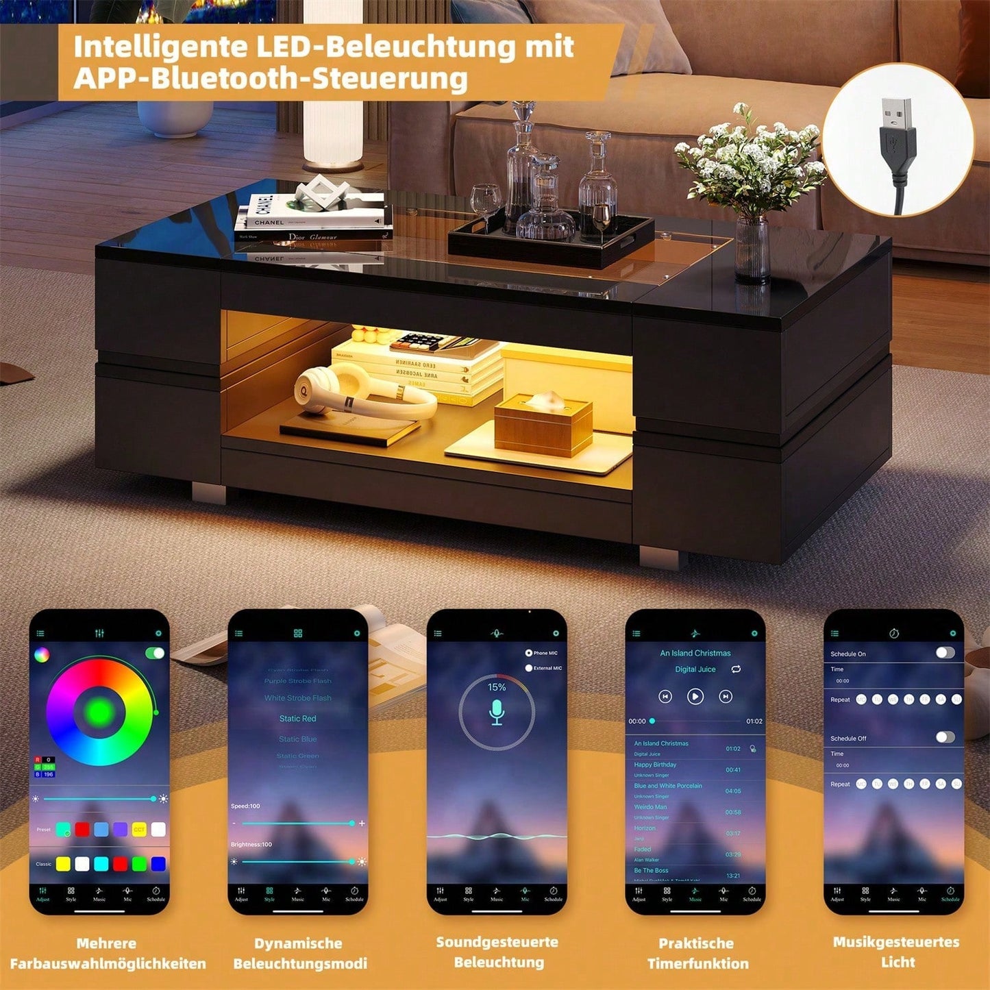 Weißer LED-Couchtisch mit Bluetooth-App-Steuerung, Kaffeetisch, Sofatisch, Wohnzimmertisch, geeignet für Party, Büro, Wohnzimmer