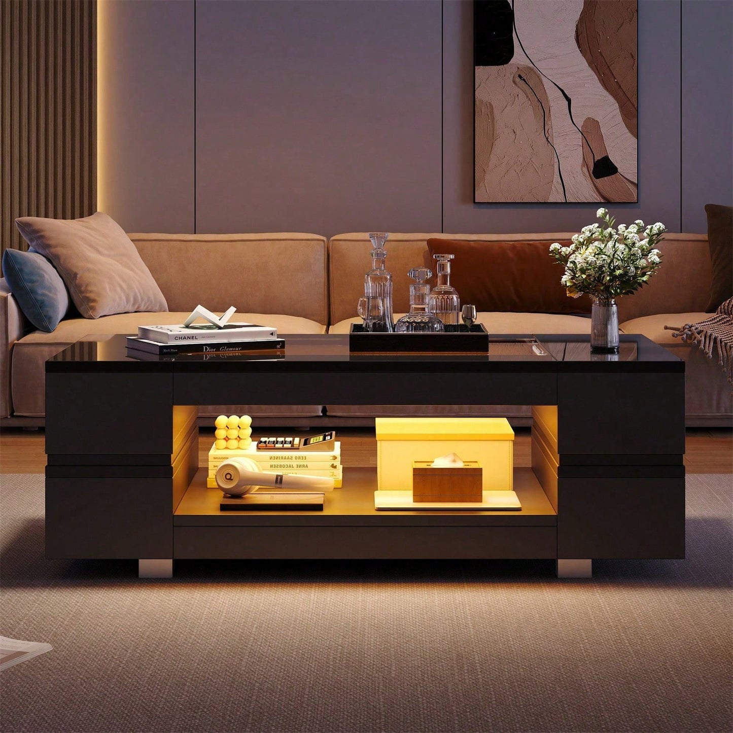 Weißer LED-Couchtisch mit Bluetooth-App-Steuerung, Kaffeetisch, Sofatisch, Wohnzimmertisch, geeignet für Party, Büro, Wohnzimmer