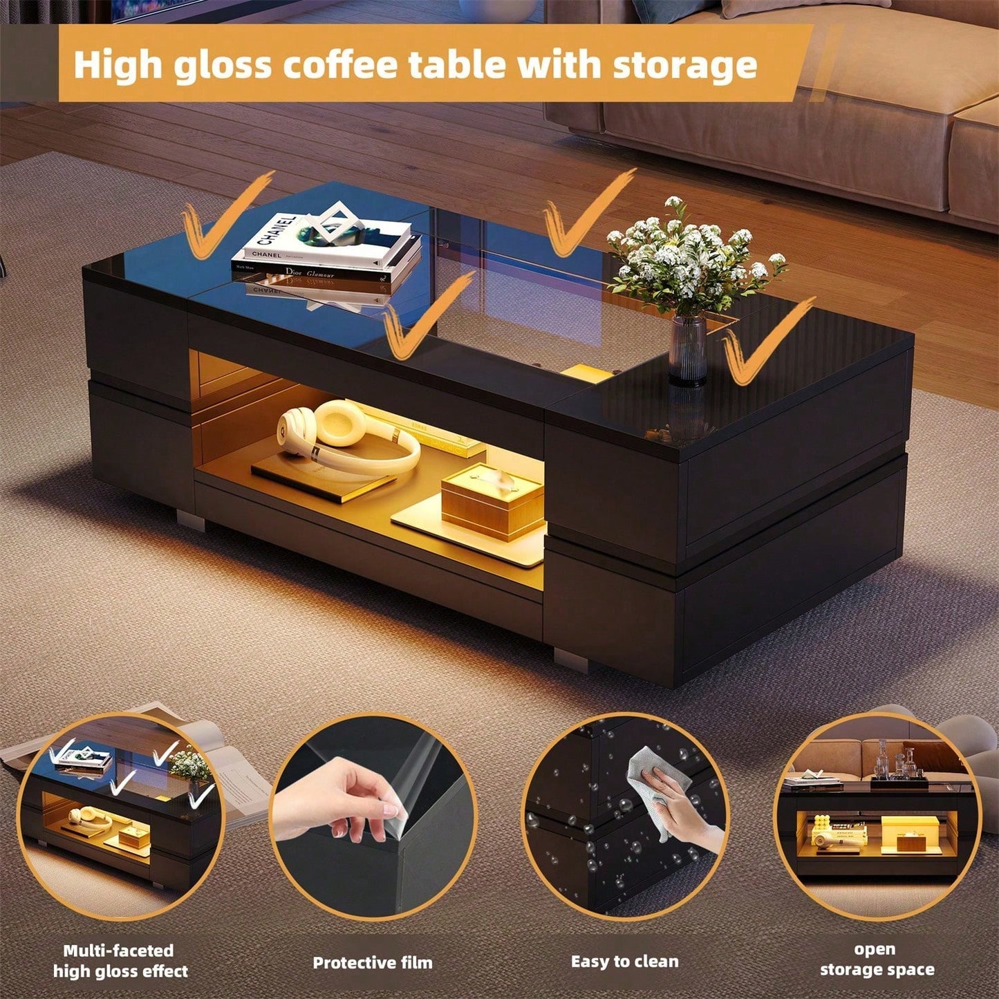 Weißer LED-Couchtisch mit Bluetooth-App-Steuerung, Kaffeetisch, Sofatisch, Wohnzimmertisch, geeignet für Party, Büro, Wohnzimmer