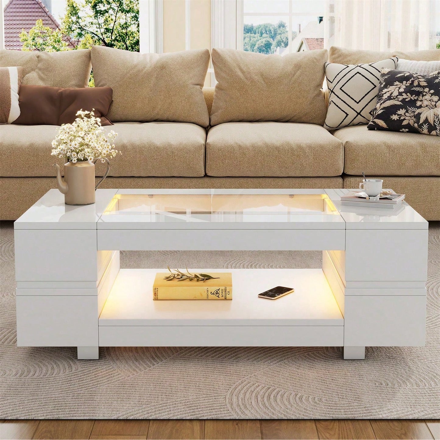 Weißer LED-Couchtisch mit Bluetooth-App-Steuerung, Kaffeetisch, Sofatisch, Wohnzimmertisch, geeignet für Party, Büro, Wohnzimmer
