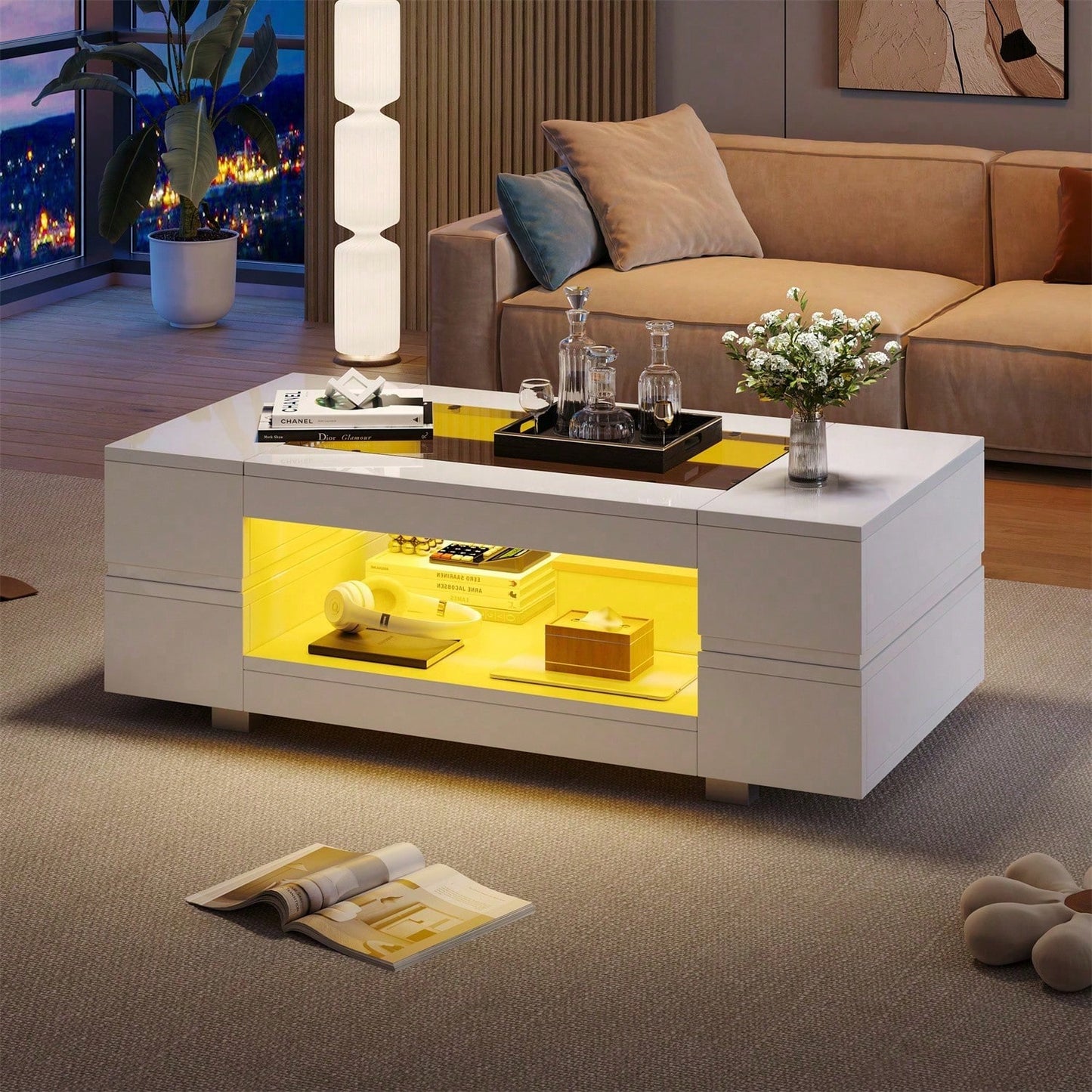 Weißer LED-Couchtisch mit Bluetooth-App-Steuerung, Kaffeetisch, Sofatisch, Wohnzimmertisch, geeignet für Party, Büro, Wohnzimmer