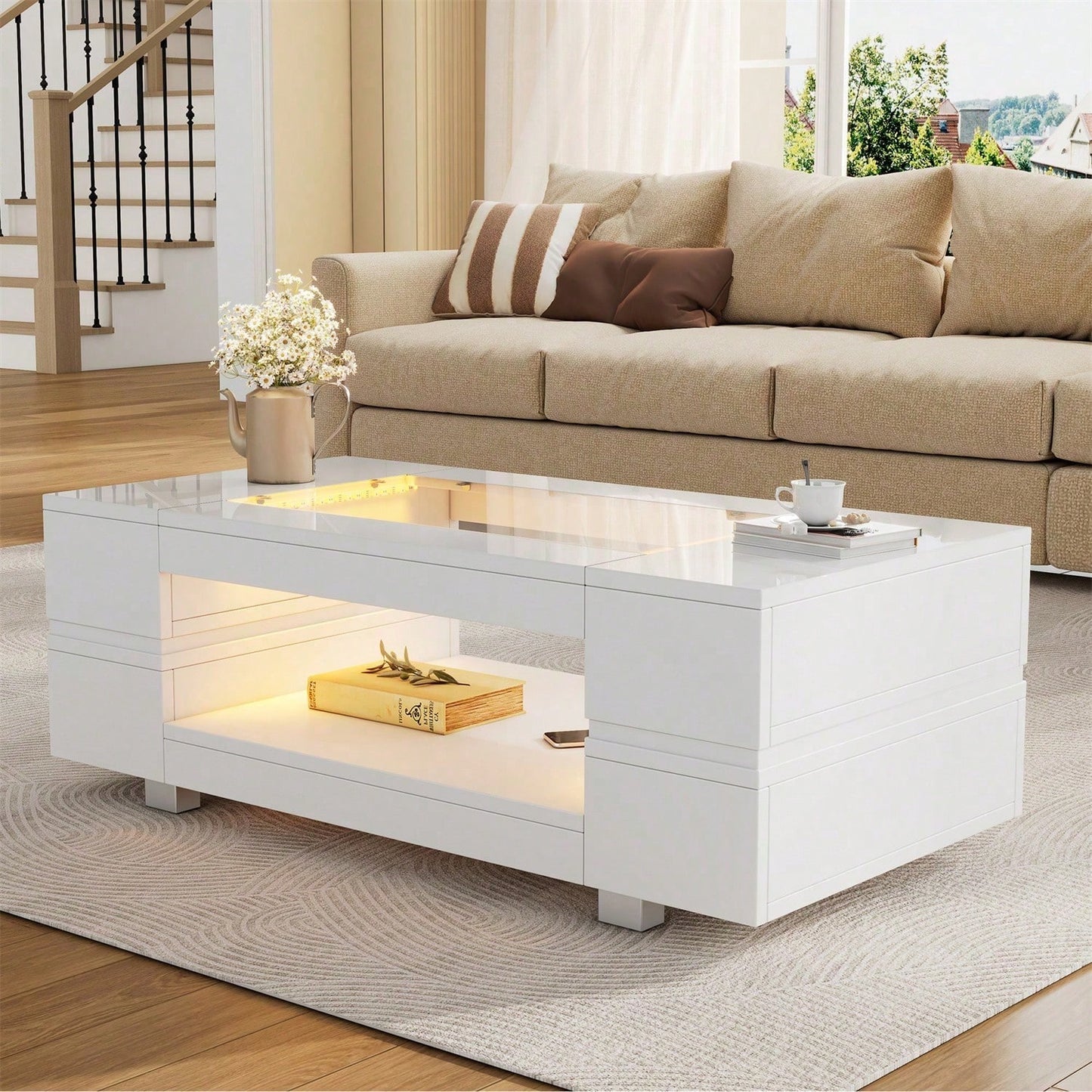 Weißer LED-Couchtisch mit Bluetooth-App-Steuerung, Kaffeetisch, Sofatisch, Wohnzimmertisch, geeignet für Party, Büro, Wohnzimmer