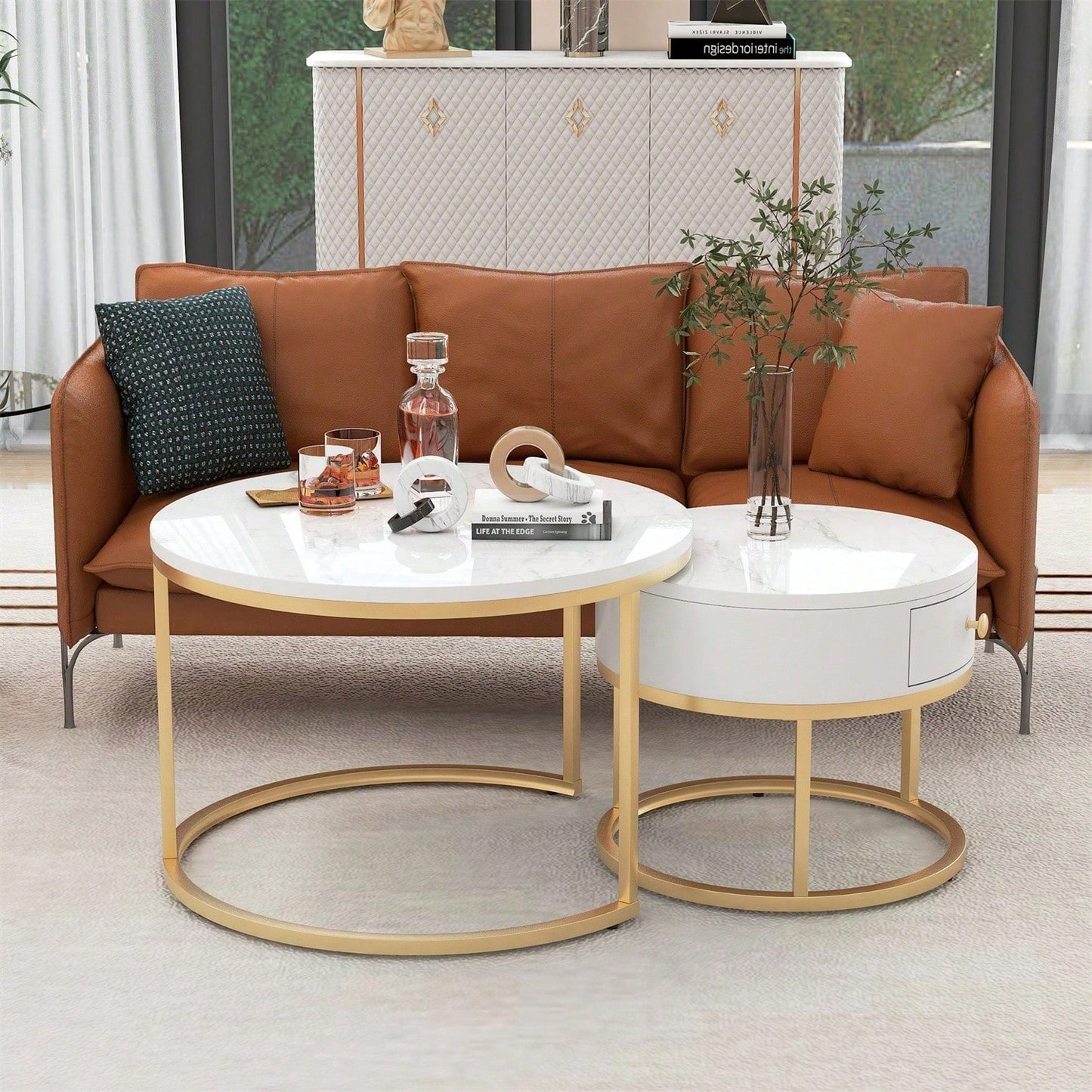 Moderner Nesting Couchtisch Hochglanz Marmormuster 2er Set runde Couchtische Runder Nested Beistelltisch