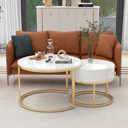 Moderner Nesting Couchtisch Hochglanz Marmormuster 2er Set runde Couchtische Runder Nested Beistelltisch