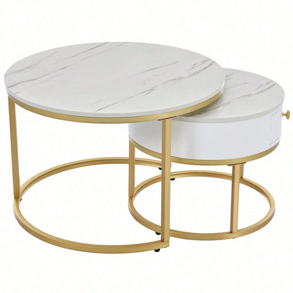 Moderner Nesting Couchtisch Hochglanz Marmormuster 2er Set runde Couchtische Runder Nested Beistelltisch