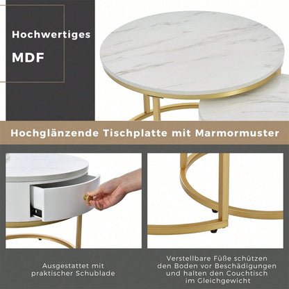 Moderner Nesting Couchtisch Hochglanz Marmormuster 2er Set runde Couchtische Runder Nested Beistelltisch