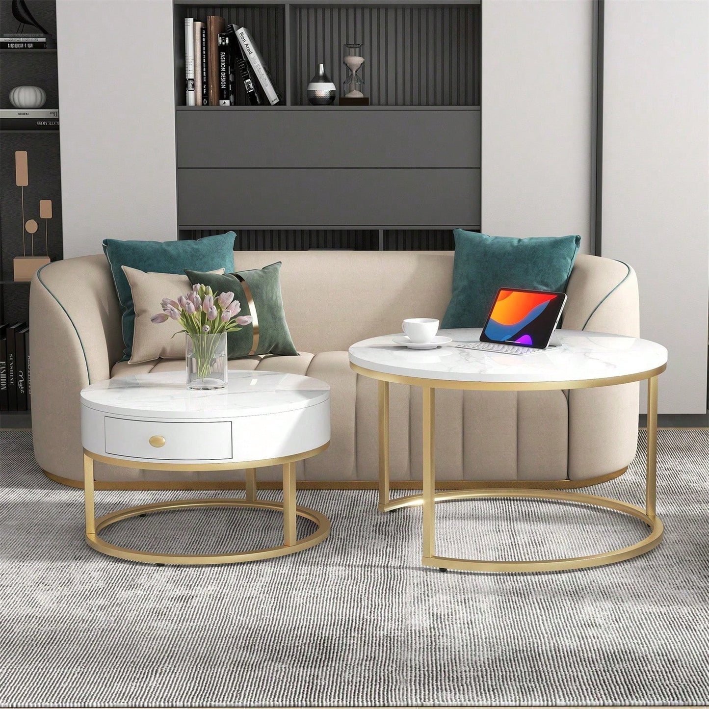 Moderner Nesting Couchtisch Hochglanz Marmormuster 2er Set runde Couchtische Runder Nested Beistelltisch