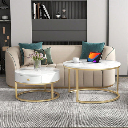 Moderner Nesting Couchtisch Hochglanz Marmormuster 2er Set runde Couchtische Runder Nested Beistelltisch