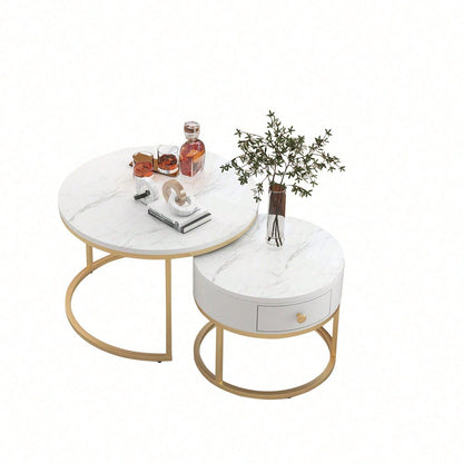 Moderner Nesting Couchtisch Hochglanz Marmormuster 2er Set runde Couchtische Runder Nested Beistelltisch