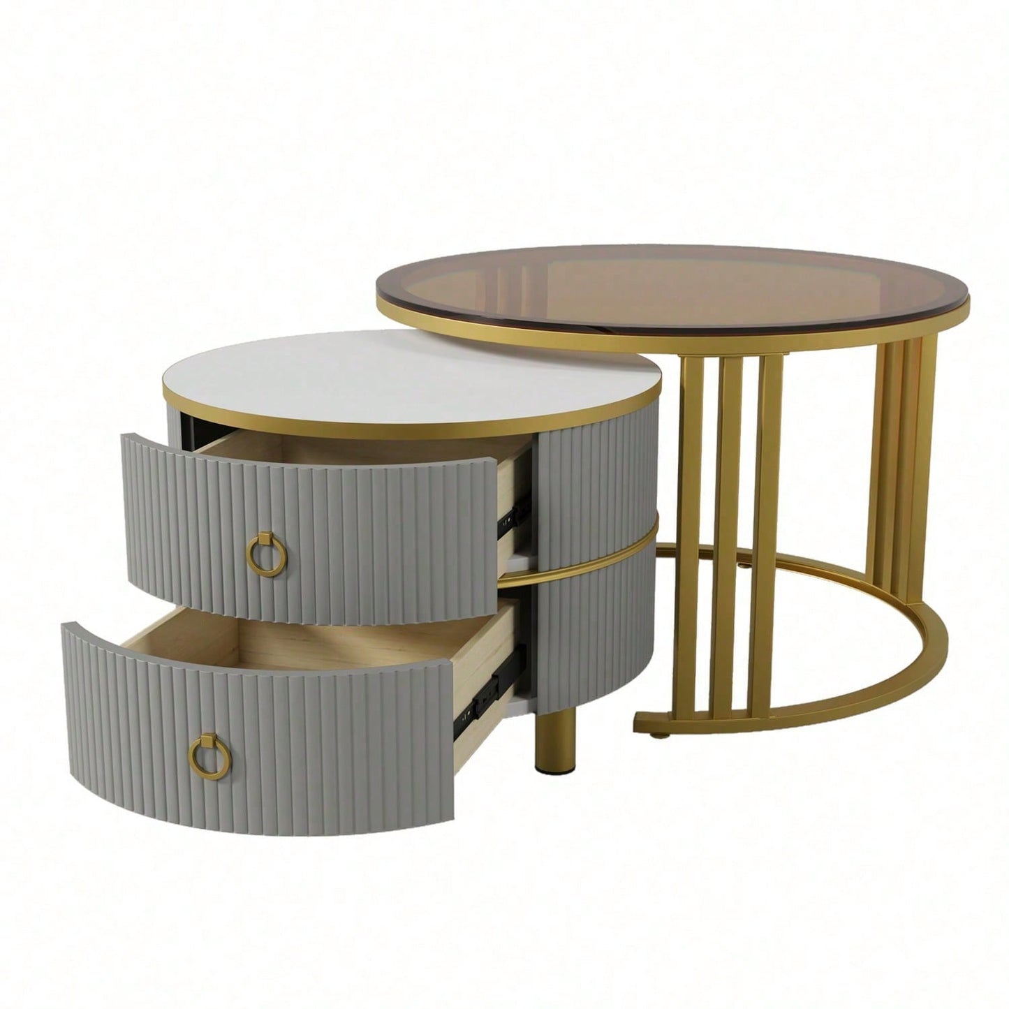 2-in-1 runder MDF-Couchtisch, Beistelltisch mit 1 Hochglanz-Tischplatte und 1 brauner Tischplatte aus gehärtetem Glas, Wohnzimmer-Couchtischkombination mit 2 Schubladen, 70*70*45 + 50*50*40 cm