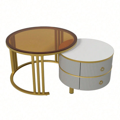 2-in-1 runder MDF-Couchtisch, Beistelltisch mit 1 Hochglanz-Tischplatte und 1 brauner Tischplatte aus gehärtetem Glas, Wohnzimmer-Couchtischkombination mit 2 Schubladen, 70*70*45 + 50*50*40 cm