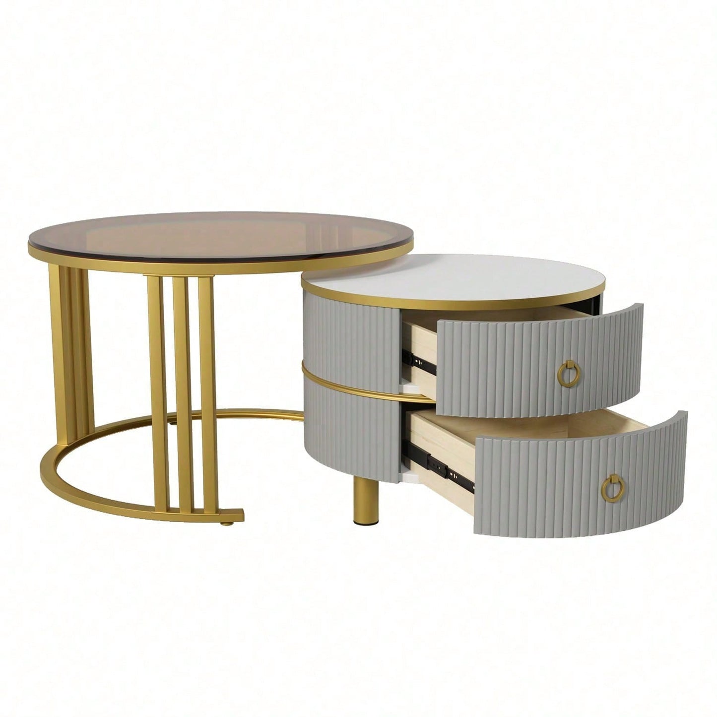 2-in-1 runder MDF-Couchtisch, Beistelltisch mit 1 Hochglanz-Tischplatte und 1 brauner Tischplatte aus gehärtetem Glas, Wohnzimmer-Couchtischkombination mit 2 Schubladen, 70*70*45 + 50*50*40 cm