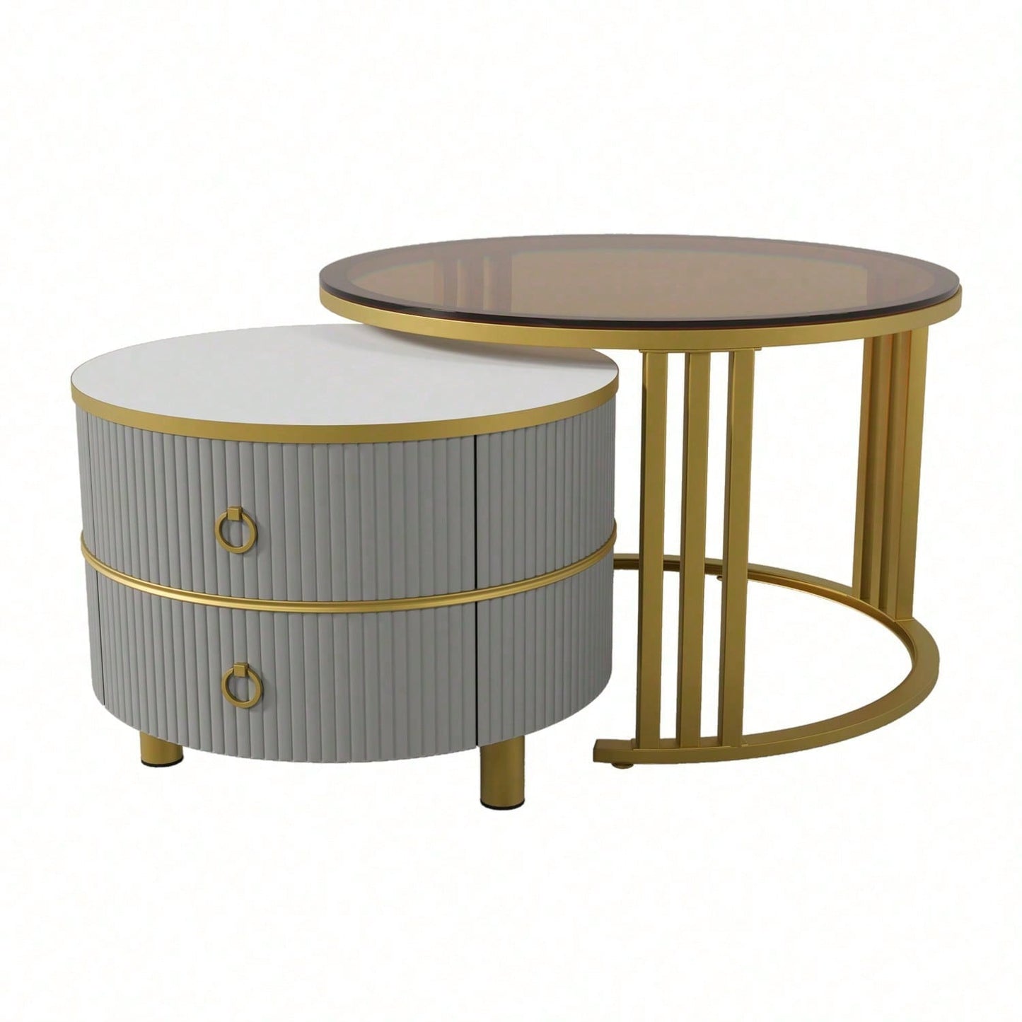 2-in-1 runder MDF-Couchtisch, Beistelltisch mit 1 Hochglanz-Tischplatte und 1 brauner Tischplatte aus gehärtetem Glas, Wohnzimmer-Couchtischkombination mit 2 Schubladen, 70*70*45 + 50*50*40 cm